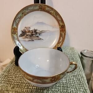 Nagoya Nippon Teacup and Saucer Hand Painted Mt Fuji Scene Gold Moriage Japan
